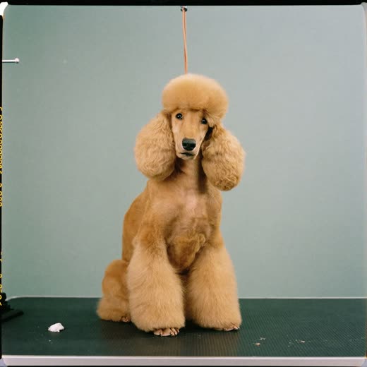 A cockapoo with a neat teddy-bear trim sitting on a grooming table