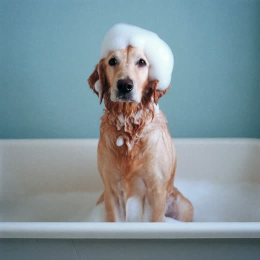A golden retriever lathered up in a grooming bath
